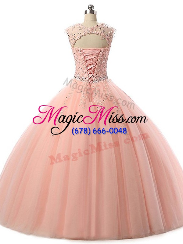 wholesale floor length lace up ball gown prom dress baby pink for military ball and sweet 16 and quinceanera with beading and lace