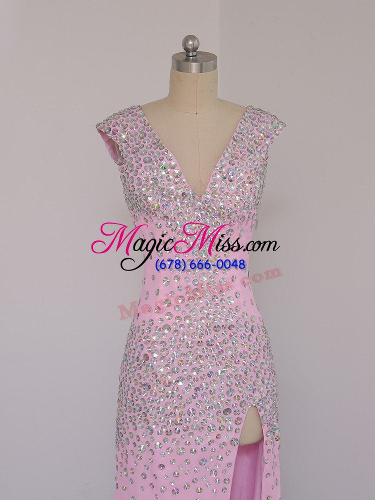 wholesale column/sheath dress for prom lilac v-neck chiffon short sleeves floor length backless
