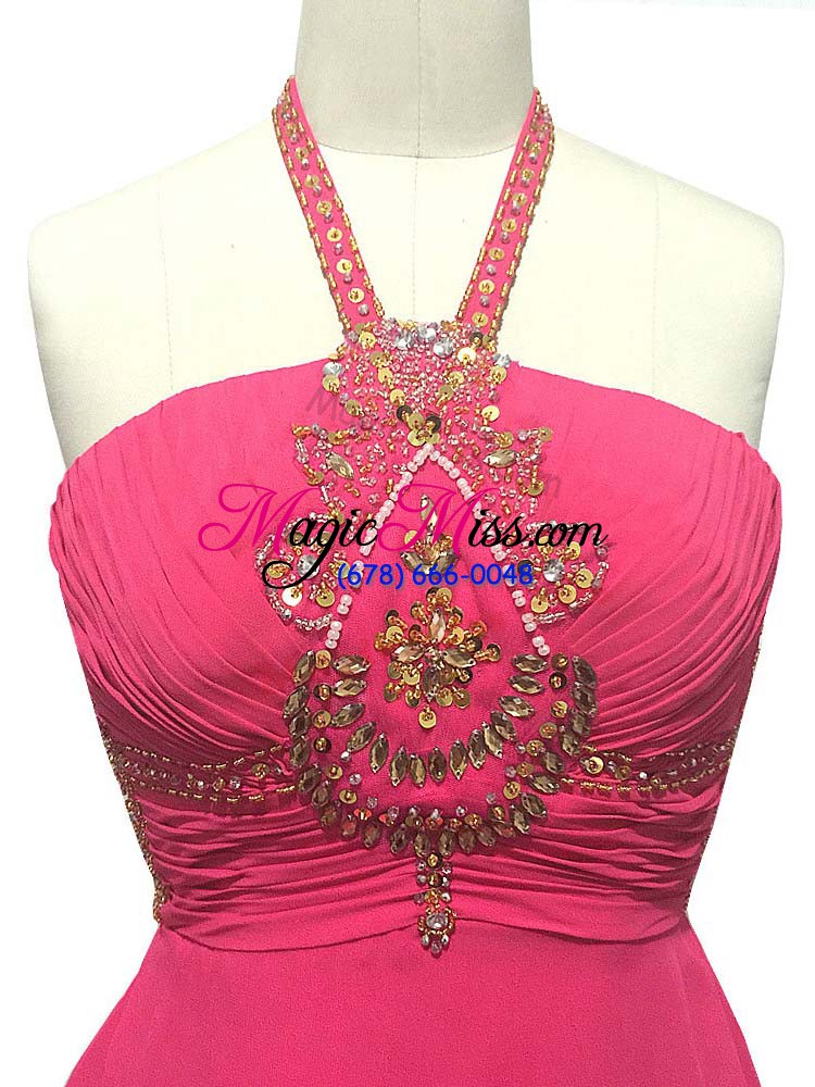 wholesale enchanting hot pink empire beading teens party dress backless chiffon sleeveless high low