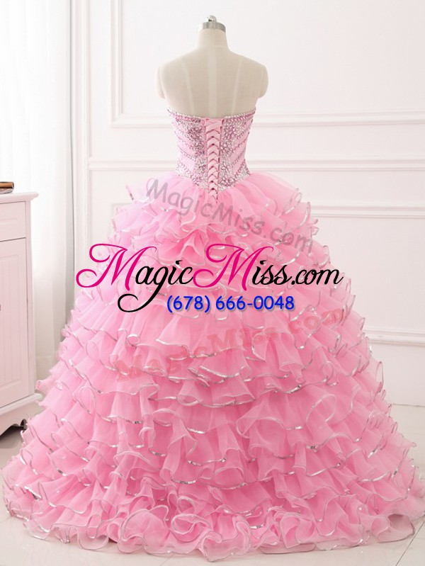 wholesale dazzling baby pink lace up sweetheart beading and ruffled layers quinceanera gown organza sleeveless sweep train