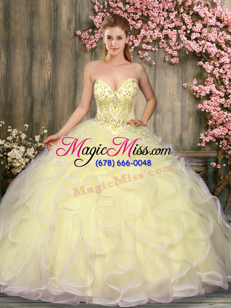 wholesale gorgeous sleeveless tulle floor length lace up quinceanera dresses in light yellow with beading and ruffles
