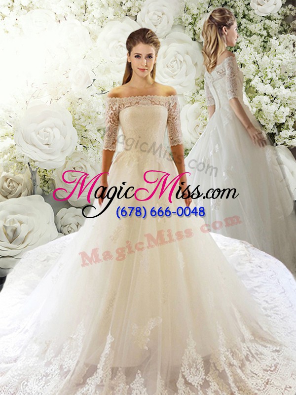 wholesale affordable white wedding gowns tulle court train half sleeves lace