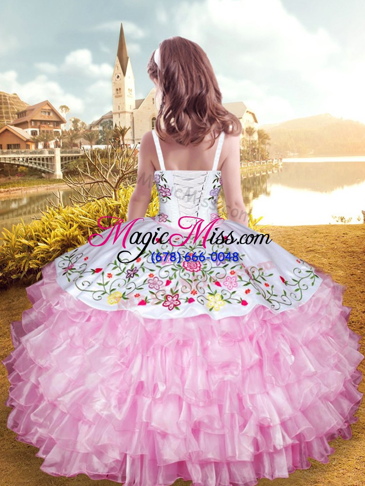 wholesale straps sleeveless organza and taffeta little girl pageant gowns embroidery and ruffled layers lace up