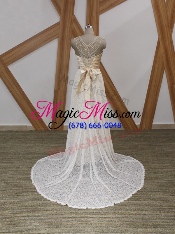wholesale extravagant white sleeveless lace brush train side zipper wedding dresses for wedding party