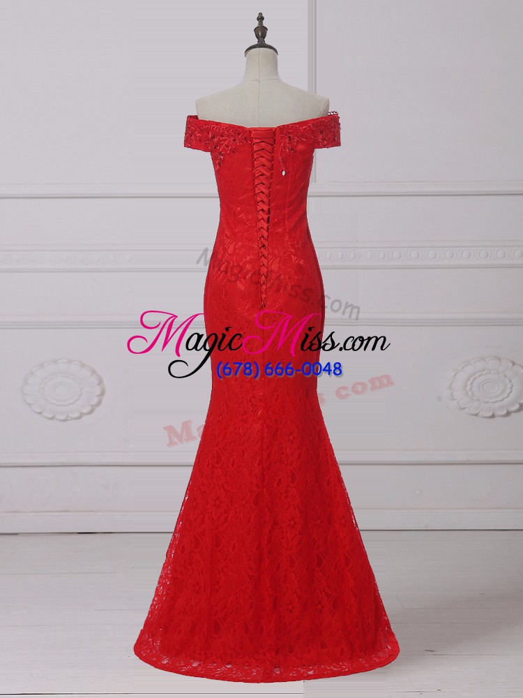 wholesale attractive lace up evening dress red for prom and military ball with lace and appliques