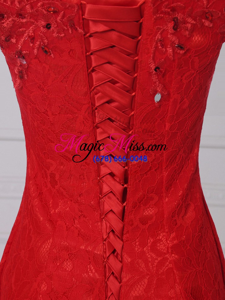 wholesale attractive lace up evening dress red for prom and military ball with lace and appliques