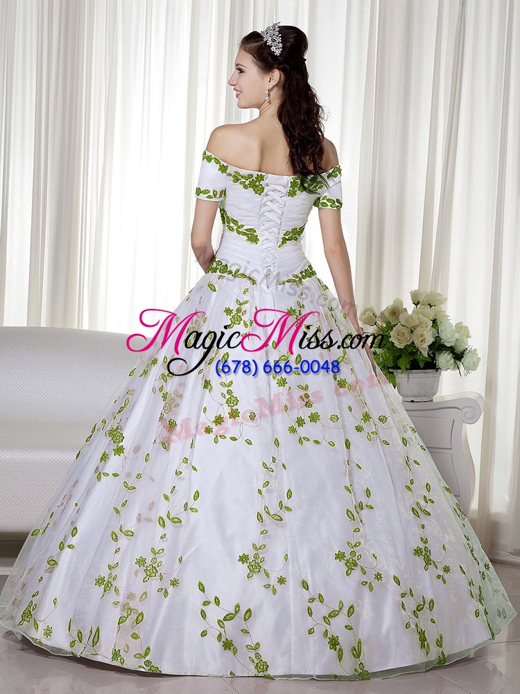 wholesale great white lace up off the shoulder embroidery quince ball gowns organza short sleeves