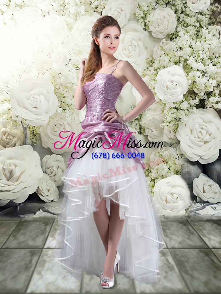 wholesale super white and purple a-line spaghetti straps sleeveless tulle high low lace up ruffles wedding dress