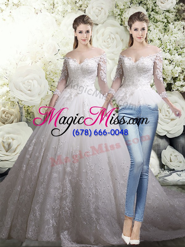 wholesale hot selling 3 4 length sleeve chapel train lace zipper bridal gown