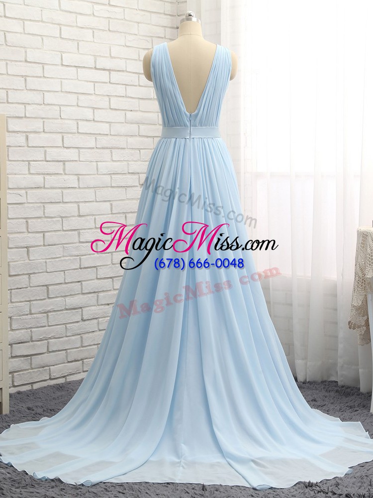 wholesale shining sleeveless chiffon brush train backless prom gown in light blue with ruching and belt
