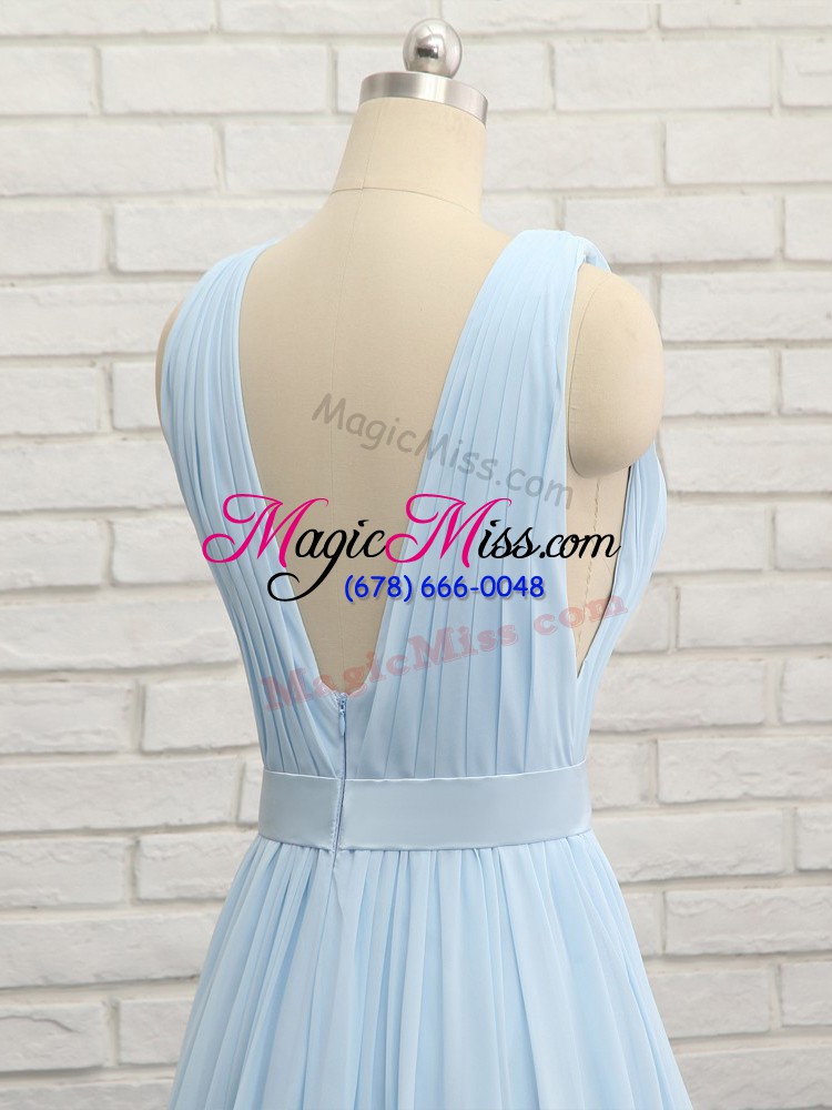 wholesale shining sleeveless chiffon brush train backless prom gown in light blue with ruching and belt