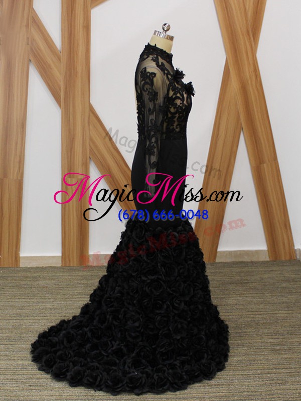 wholesale fancy black mermaid beading and lace and appliques and hand made flower mother of bride dresses backless fabric with rolling flowers long sleeves