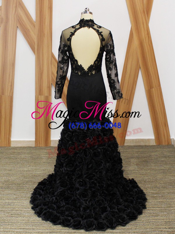 wholesale fancy black mermaid beading and lace and appliques and hand made flower mother of bride dresses backless fabric with rolling flowers long sleeves