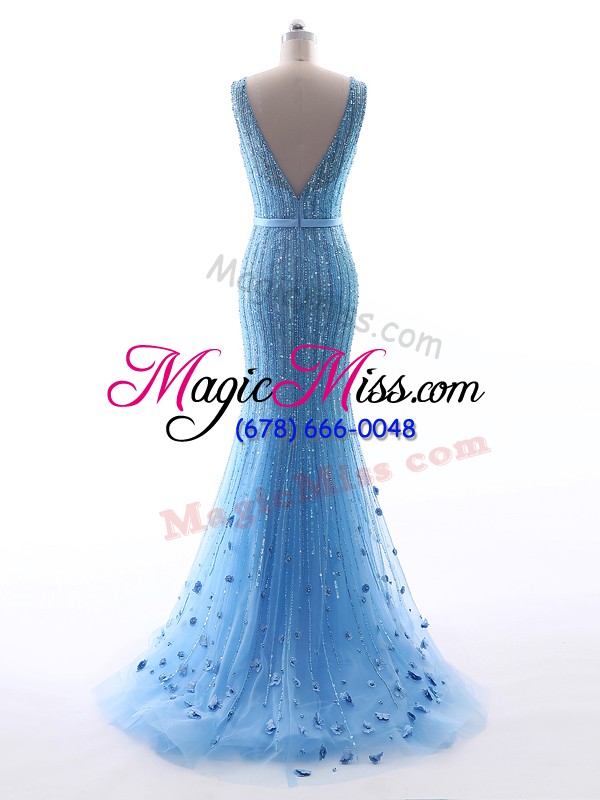 wholesale sleeveless tulle floor length zipper formal evening gowns in baby blue with beading and belt and hand made flower