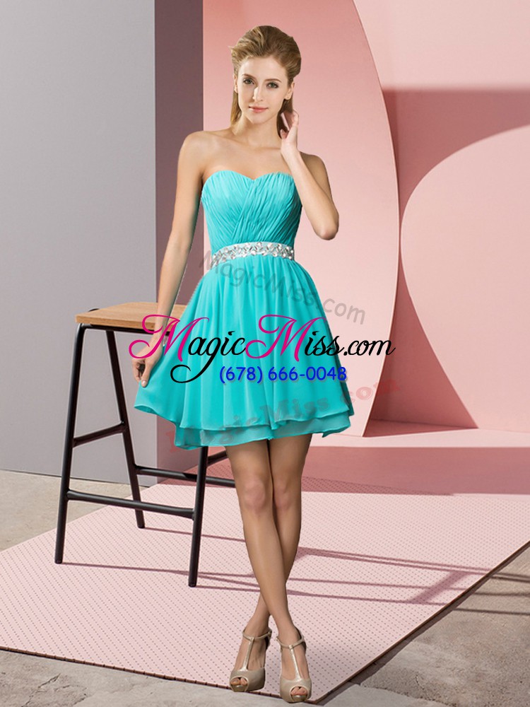 wholesale aqua blue a-line sweetheart sleeveless chiffon mini length lace up beading homecoming party dress