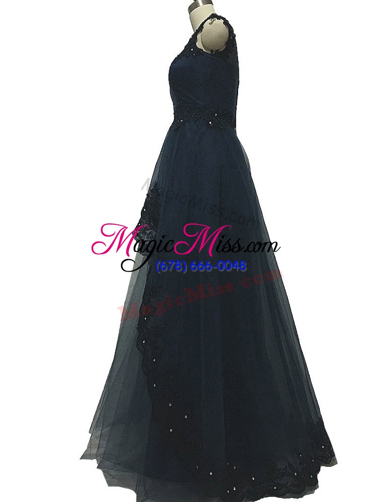 wholesale hot selling tulle bateau sleeveless zipper lace and appliques mother of the bride dress in navy blue