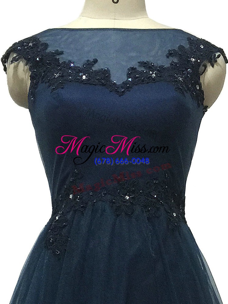 wholesale hot selling tulle bateau sleeveless zipper lace and appliques mother of the bride dress in navy blue