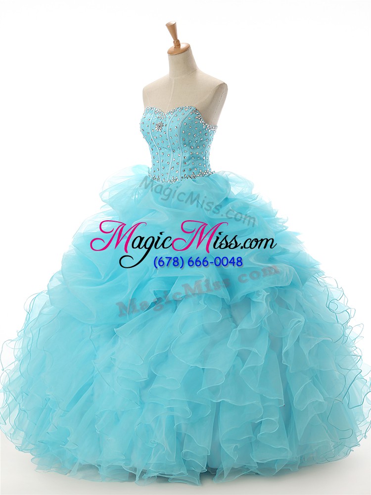 wholesale fine organza sweetheart sleeveless lace up beading and ruffled layers sweet 16 quinceanera dress in aqua blue