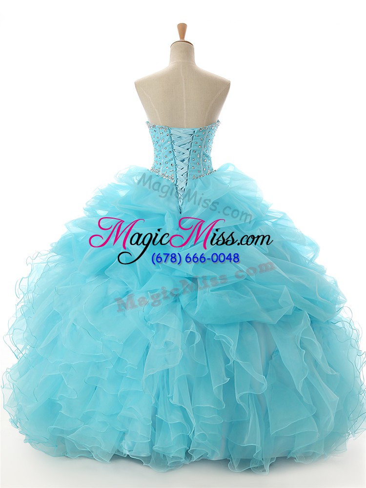 wholesale fine organza sweetheart sleeveless lace up beading and ruffled layers sweet 16 quinceanera dress in aqua blue
