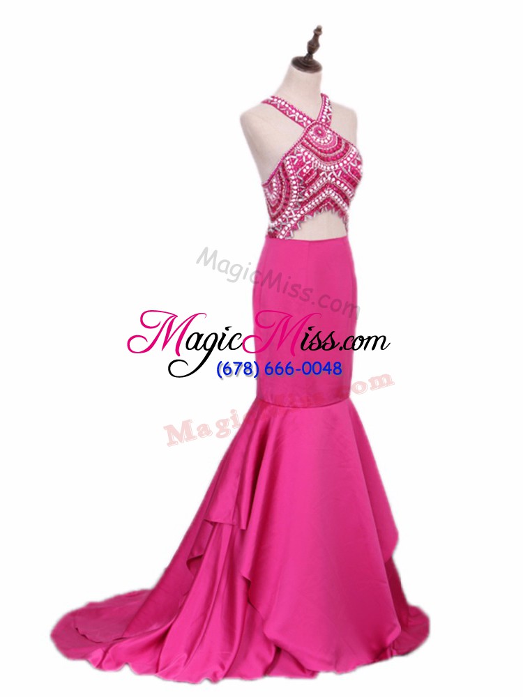 wholesale hot pink mermaid v-neck sleeveless elastic woven satin brush train backless beading red carpet gowns
