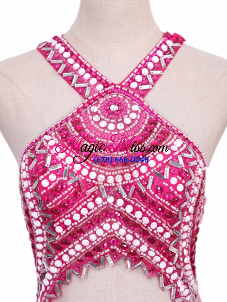 wholesale hot pink mermaid v-neck sleeveless elastic woven satin brush train backless beading red carpet gowns