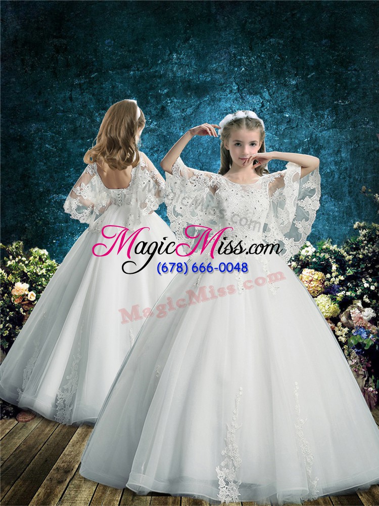 wholesale romantic half sleeves floor length lace lace up 15th birthday dress with white