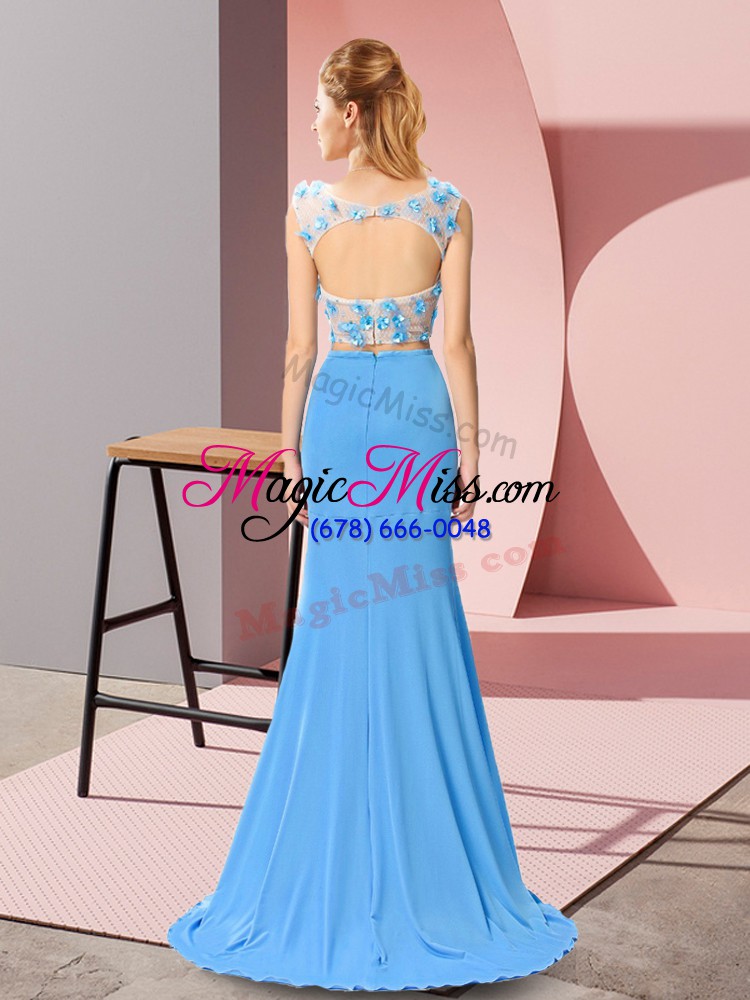 wholesale backless celebrity inspired dress baby blue for prom and beach with beading and hand made flower brush train