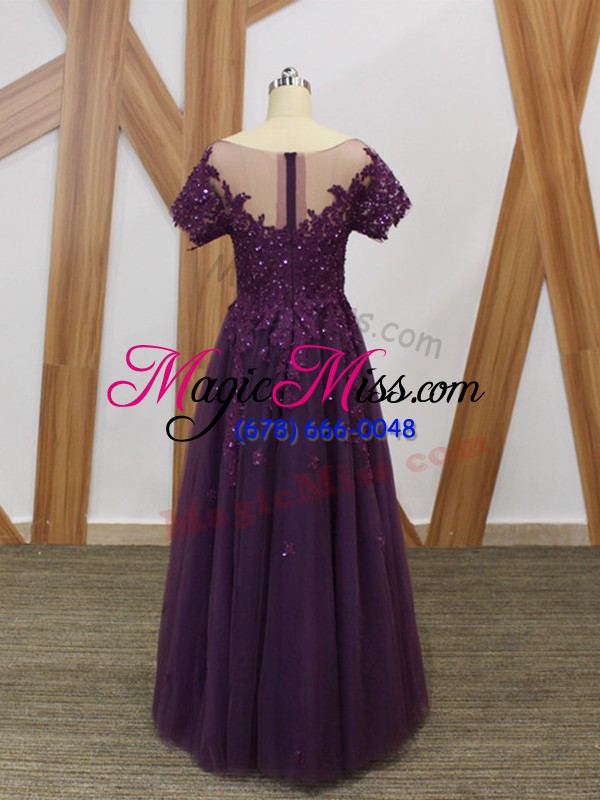 wholesale high class purple zipper mother of the bride dress lace and appliques short sleeves floor length