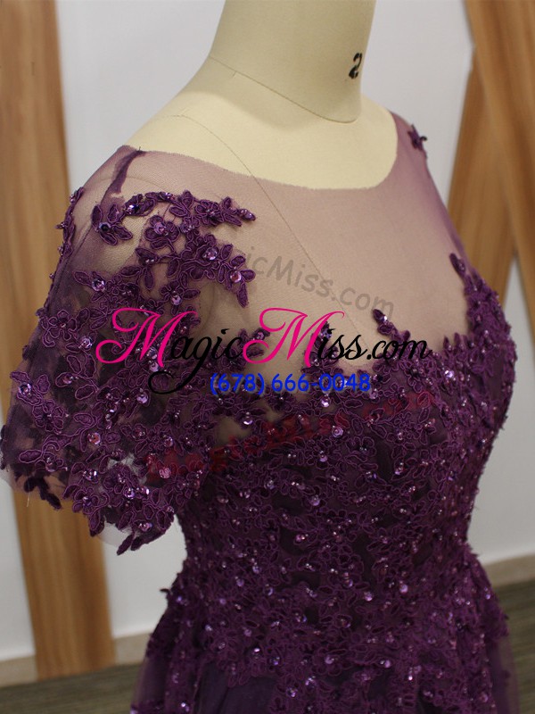wholesale high class purple zipper mother of the bride dress lace and appliques short sleeves floor length