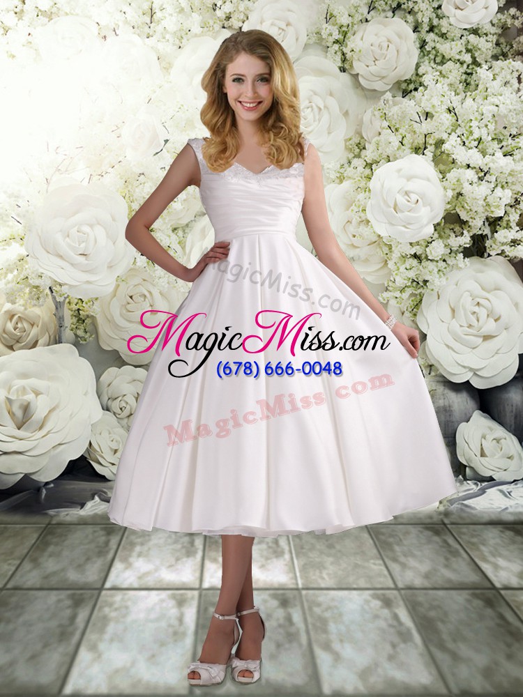 wholesale a-line wedding gown white straps chiffon sleeveless tea length lace up