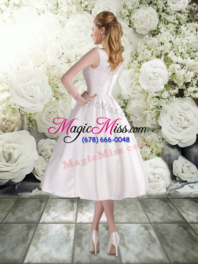 wholesale a-line wedding gown white straps chiffon sleeveless tea length lace up
