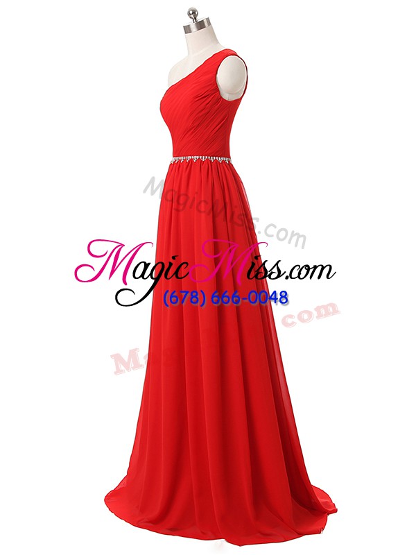 wholesale comfortable red sleeveless beading and ruching floor length bridesmaids dress