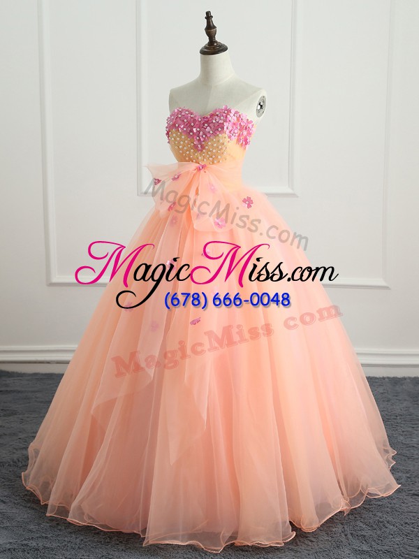 wholesale sleeveless floor length beading and appliques and bowknot lace up sweet 16 quinceanera dress with peach