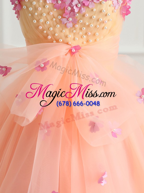 wholesale sleeveless floor length beading and appliques and bowknot lace up sweet 16 quinceanera dress with peach