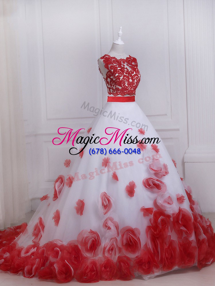 wholesale charming white and red scalloped neckline appliques wedding dresses sleeveless zipper