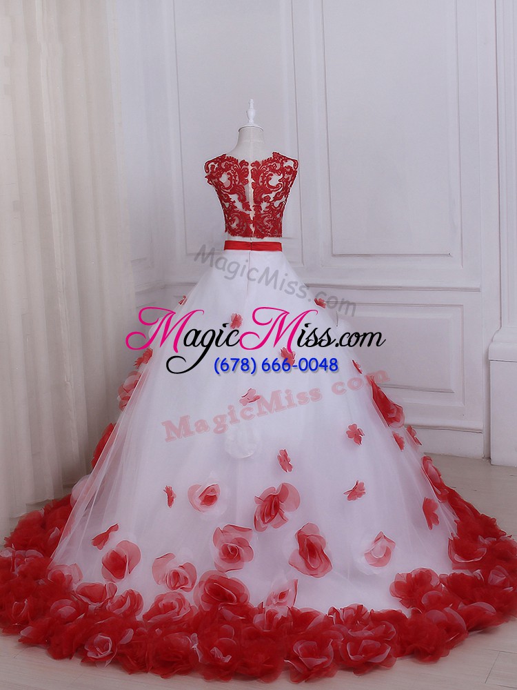 wholesale charming white and red scalloped neckline appliques wedding dresses sleeveless zipper