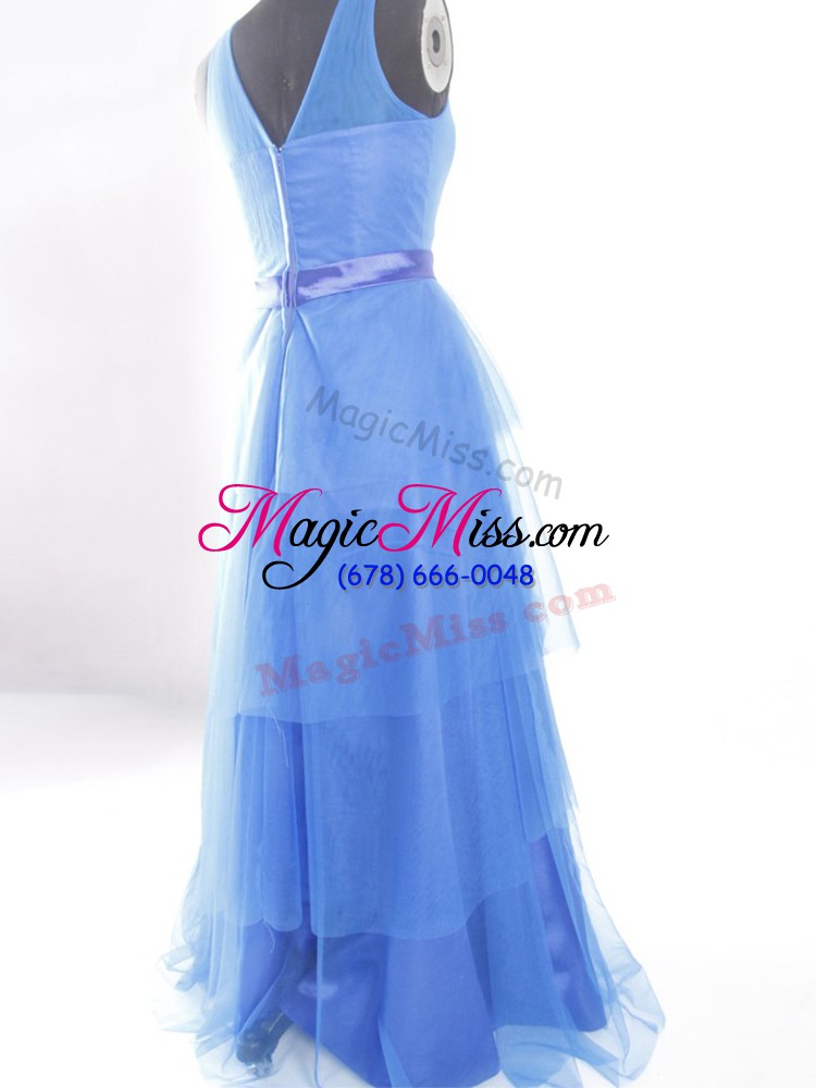 wholesale luxury blue empire scoop sleeveless tulle floor length zipper beading and ruffled layers and belt prom evening gown