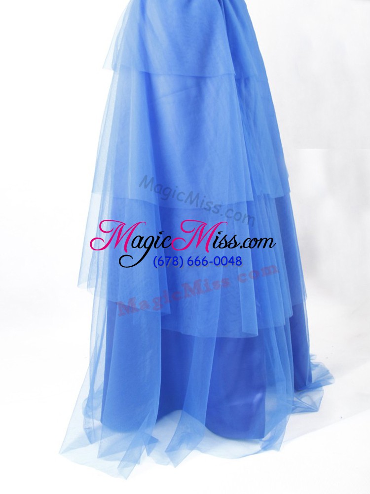 wholesale luxury blue empire scoop sleeveless tulle floor length zipper beading and ruffled layers and belt prom evening gown