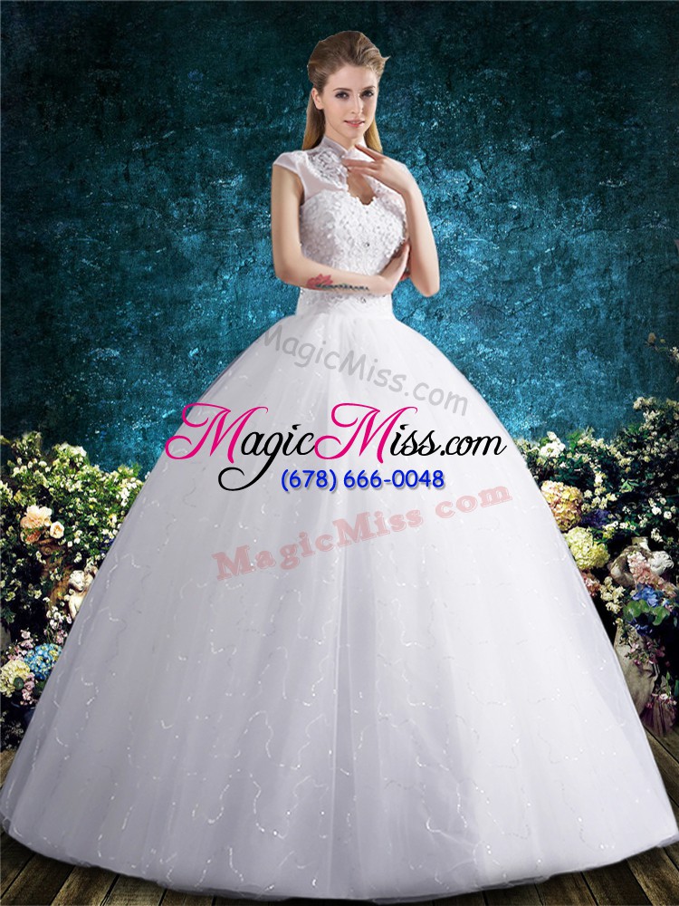 wholesale luxurious floor length white wedding gown high-neck sleeveless lace up
