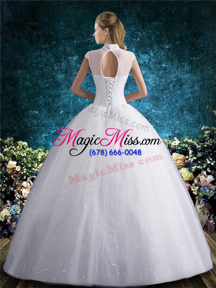 wholesale luxurious floor length white wedding gown high-neck sleeveless lace up
