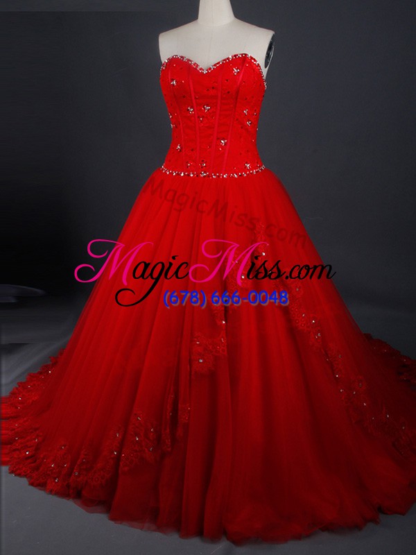 wholesale amazing lace up wedding dress red for wedding party with appliques brush train