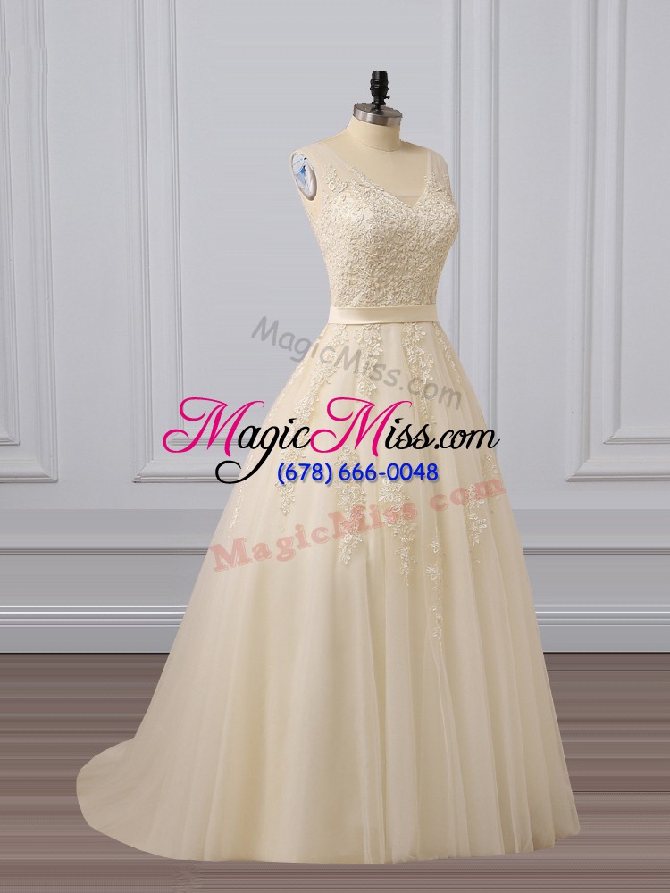 wholesale champagne sleeveless lace and appliques lace up evening dress