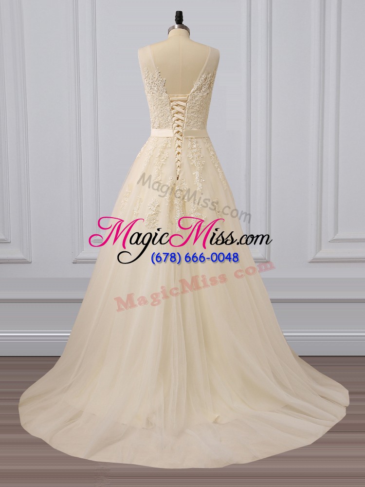 wholesale champagne sleeveless lace and appliques lace up evening dress