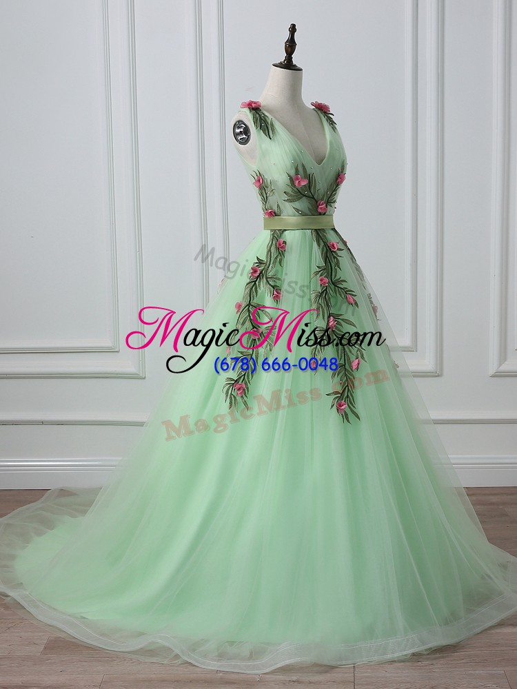 wholesale glittering apple green a-line tulle v-neck sleeveless belt and hand made flower lace up evening dress court train