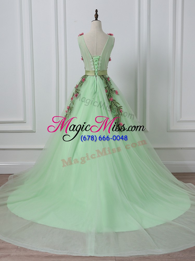 wholesale glittering apple green a-line tulle v-neck sleeveless belt and hand made flower lace up evening dress court train