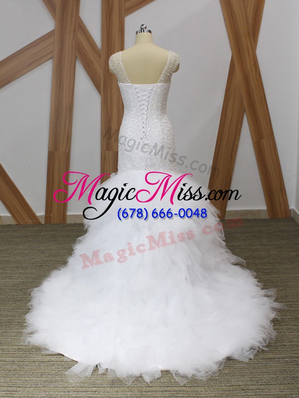wholesale v-neck sleeveless brush train lace up wedding gowns white tulle