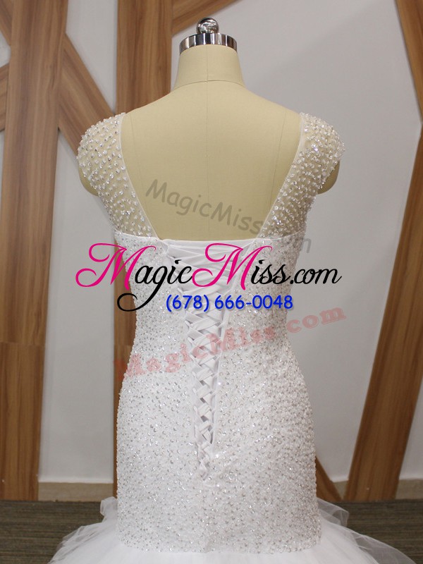 wholesale v-neck sleeveless brush train lace up wedding gowns white tulle