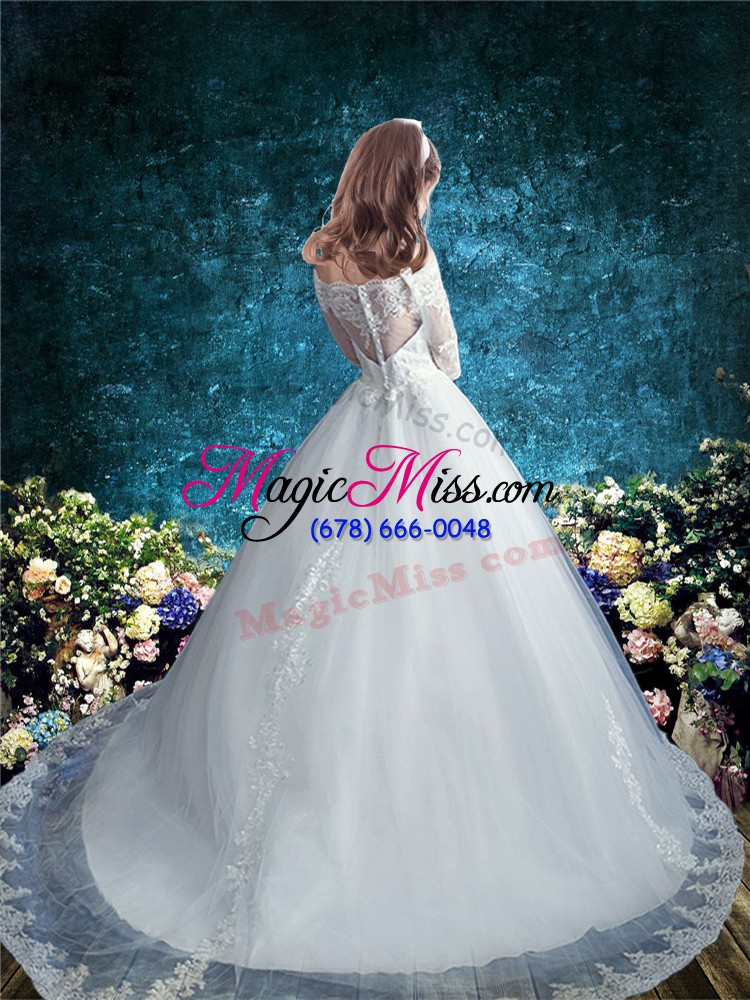 wholesale traditional brush train ball gowns toddler flower girl dress white off the shoulder tulle half sleeves clasp handle