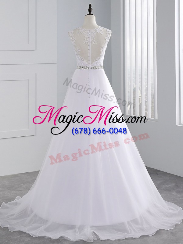 wholesale scalloped sleeveless wedding dress brush train beading and lace white chiffon