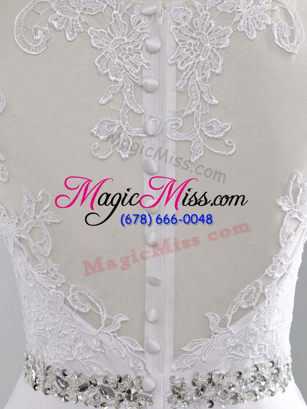 wholesale scalloped sleeveless wedding dress brush train beading and lace white chiffon